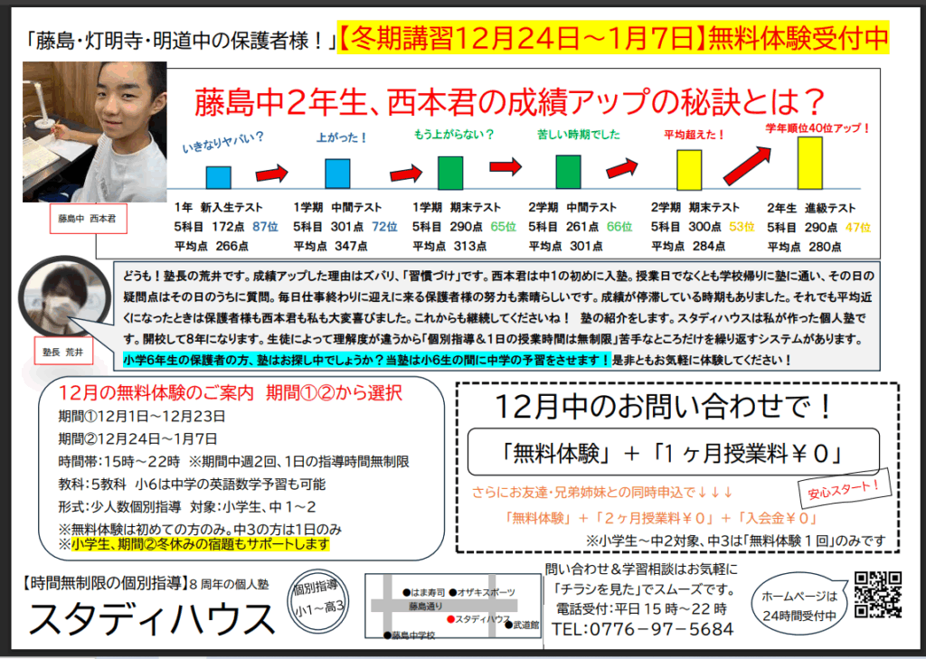 福井の塾、スタディハウスの２０２５年１２月のチラシです